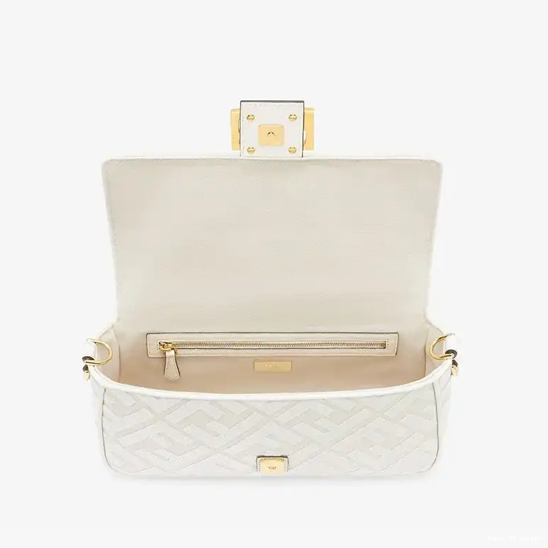 Cheap HOT White Baguette Bag Canvas In with Strap Medium Cut Laser Fendi FF Motif 0525